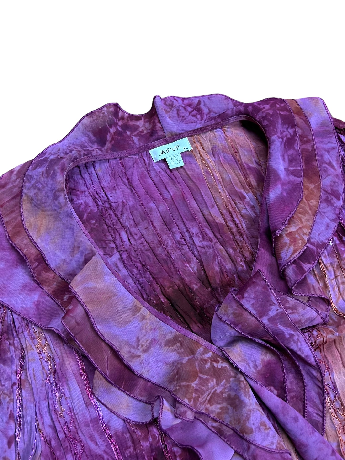 Y2K Purple Tie Dyed Ruffled Blouse - M