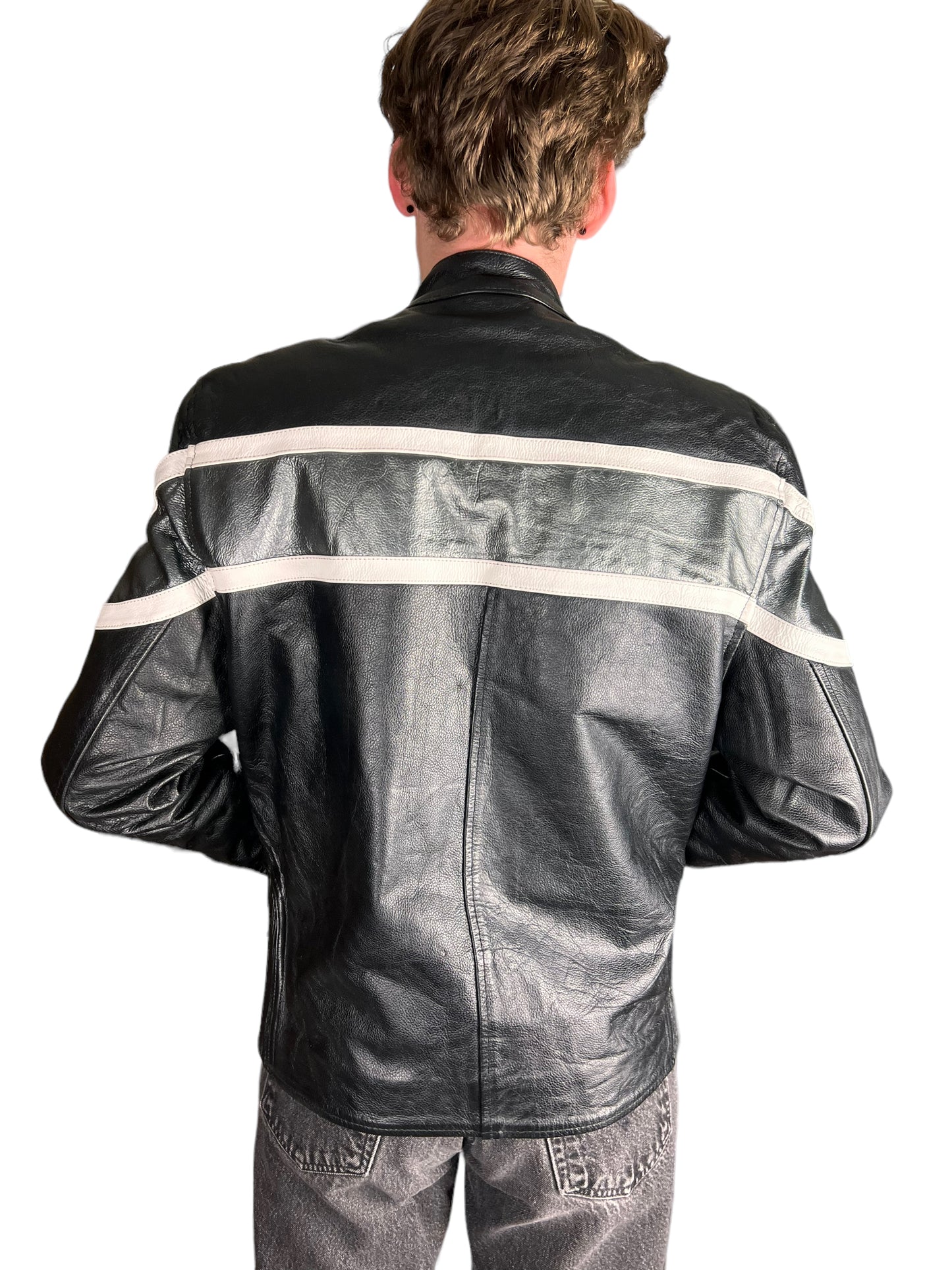 Grey & Black Leather Biker Jacket - XL