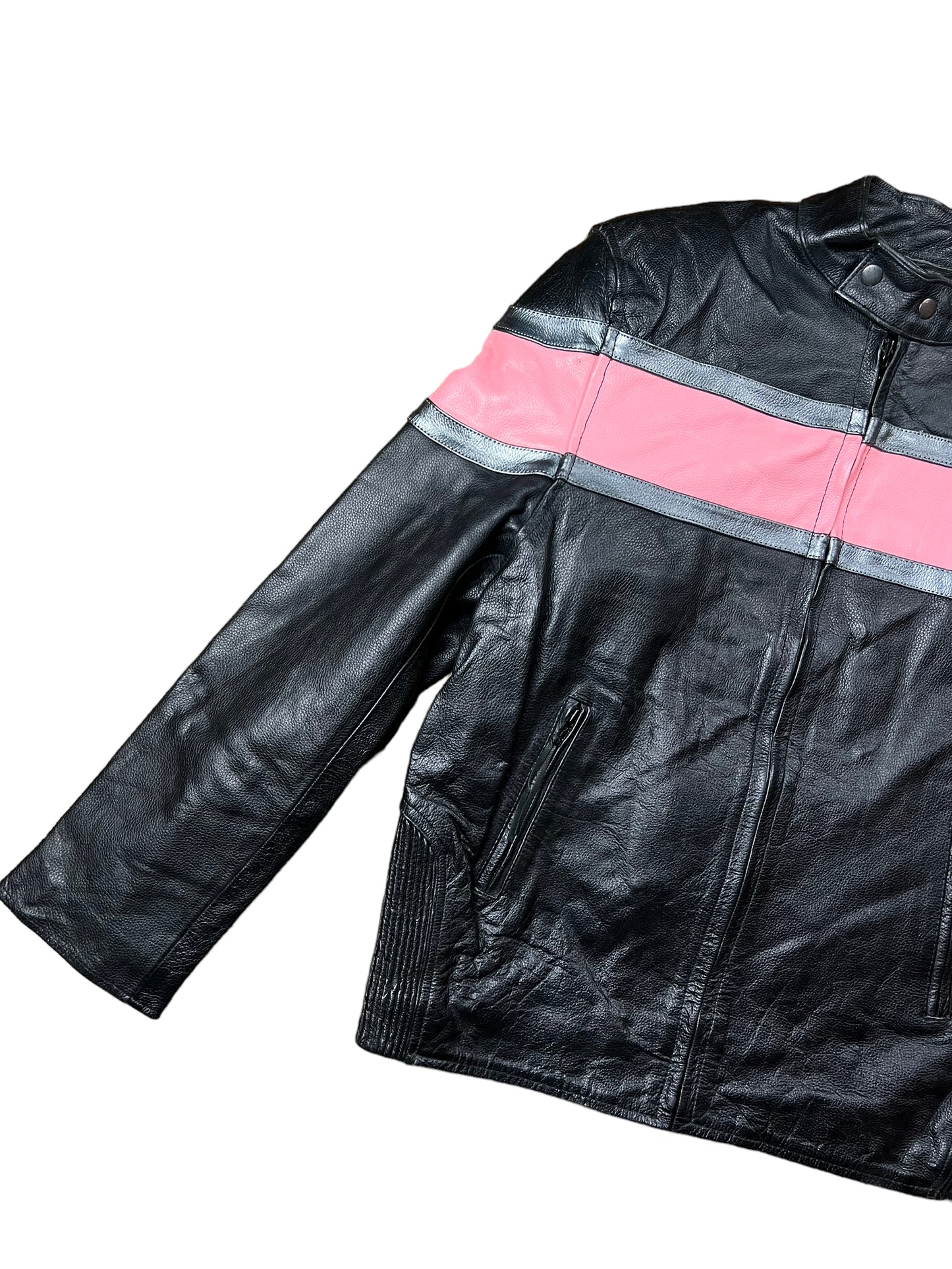 Pink & Black Leather Biker Jacket - L