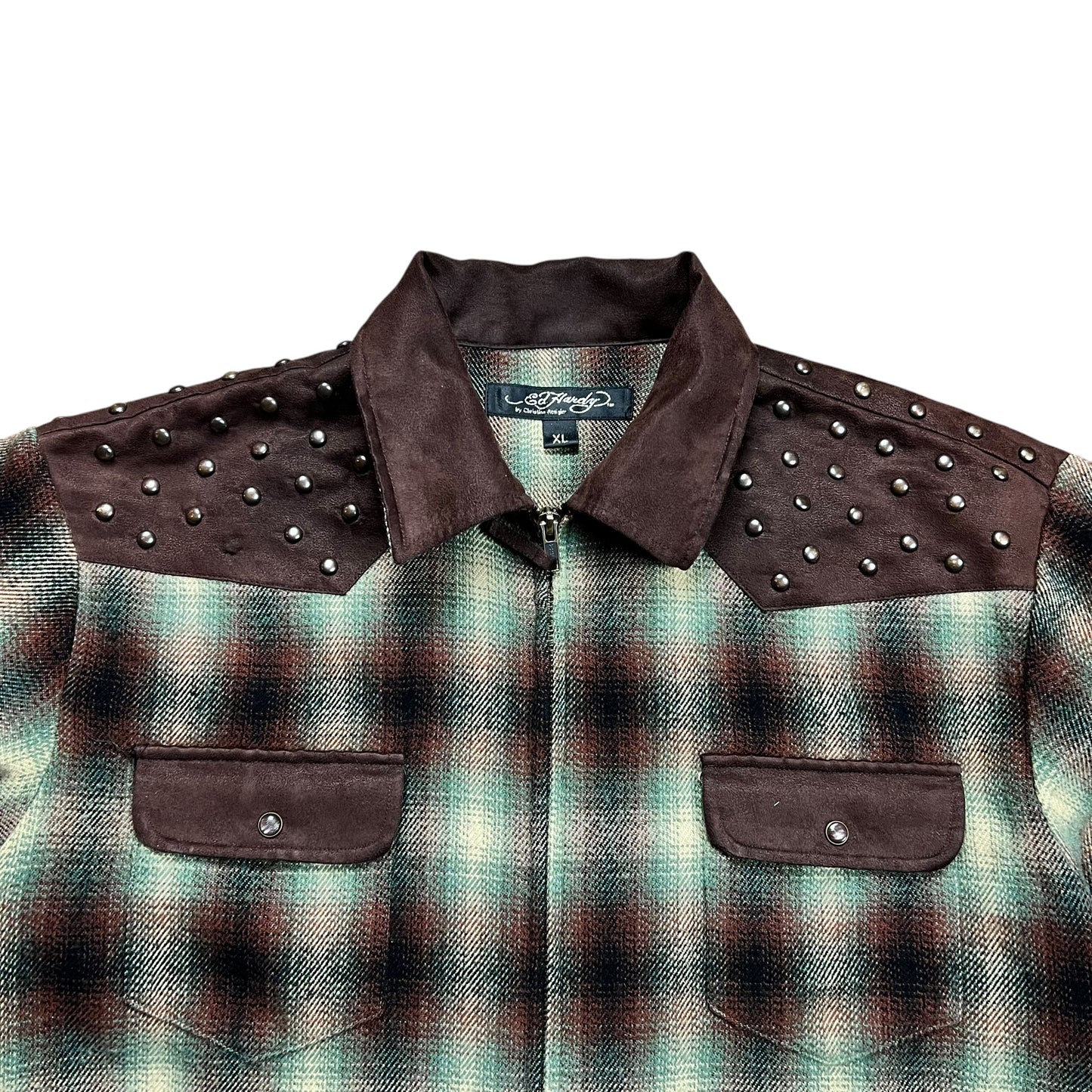 Ed Hardy Studded Bulldog Zip-up Flannel - XL