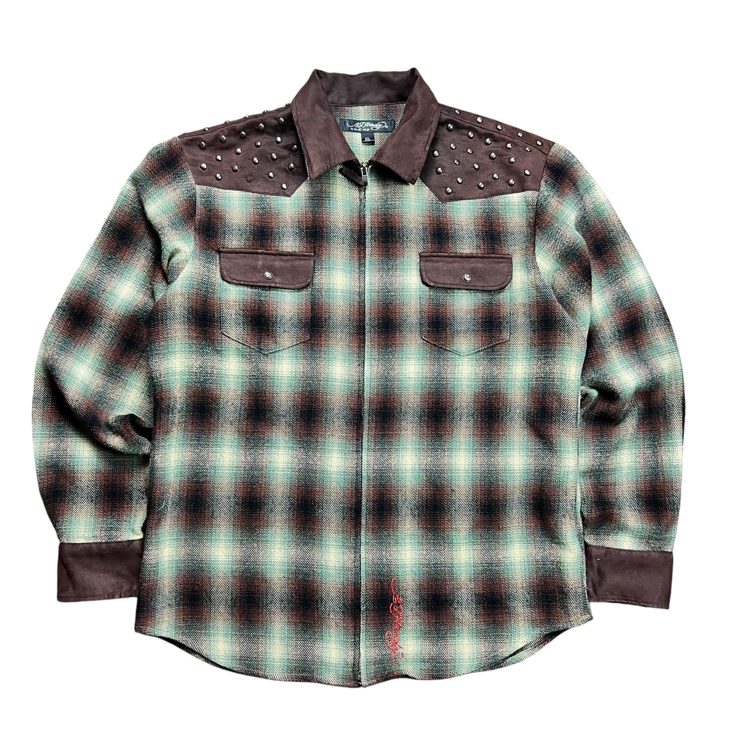 Ed Hardy Studded Bulldog Zip-up Flannel - XL