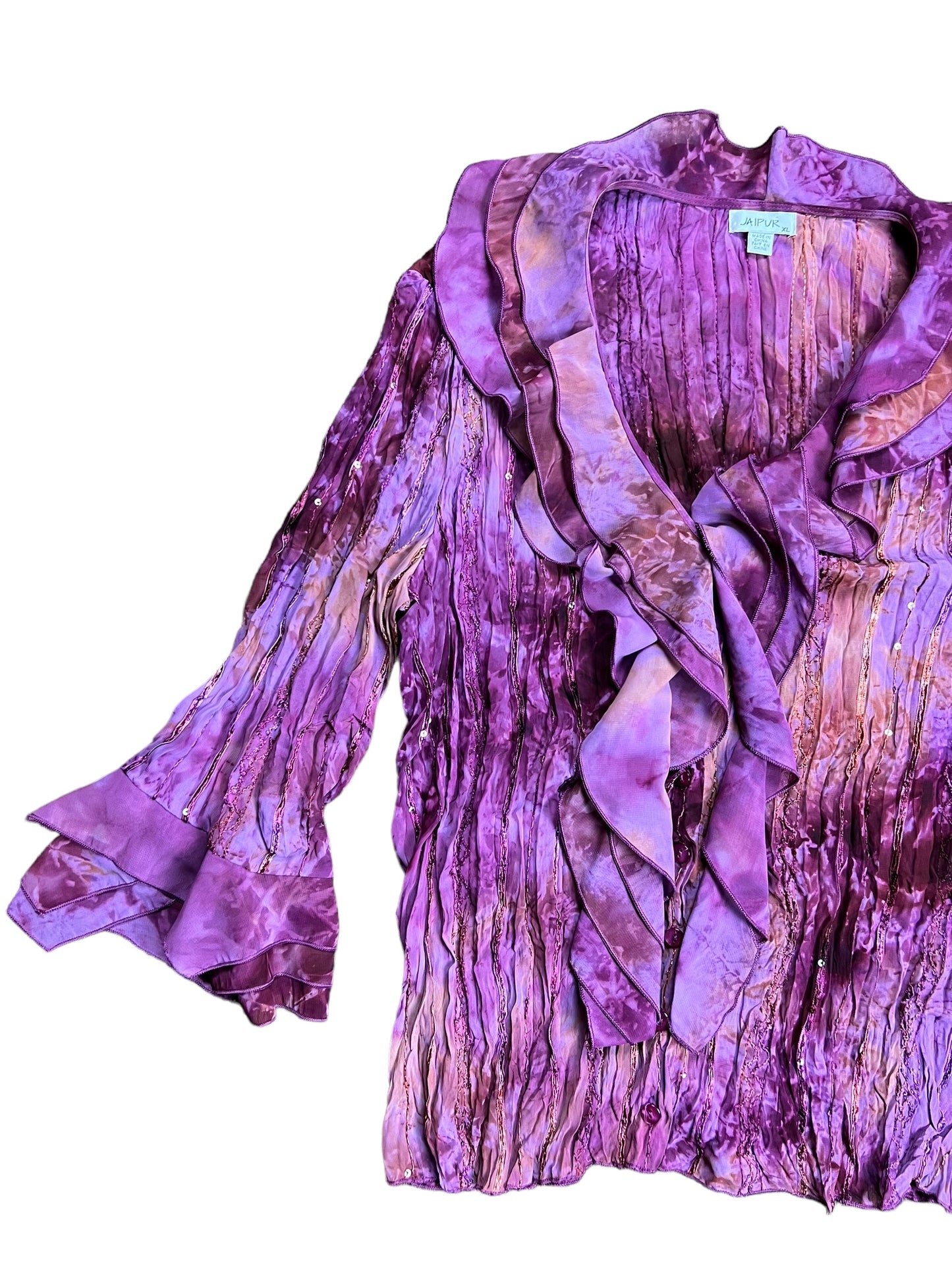 Y2K Purple Tie Dyed Ruffled Blouse - M