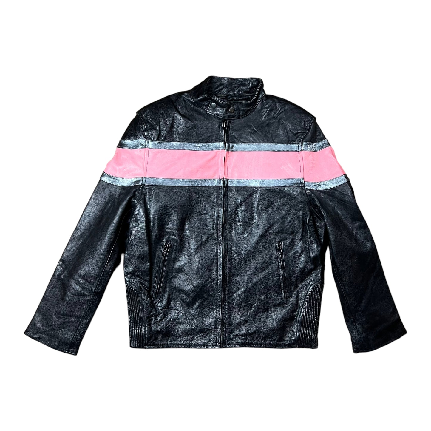 Pink & Black Leather Biker Jacket - L