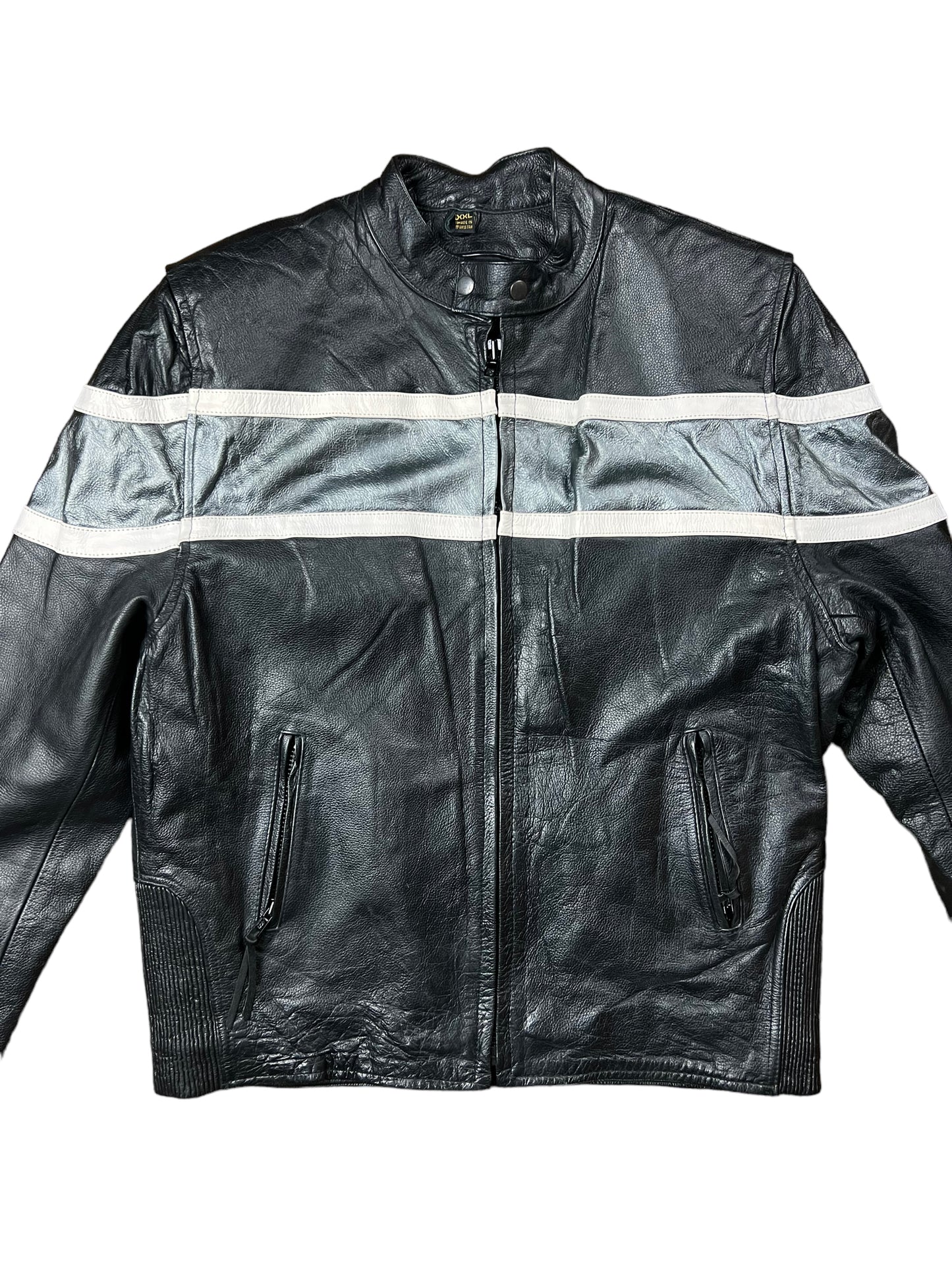 Grey & Black Leather Biker Jacket - XL