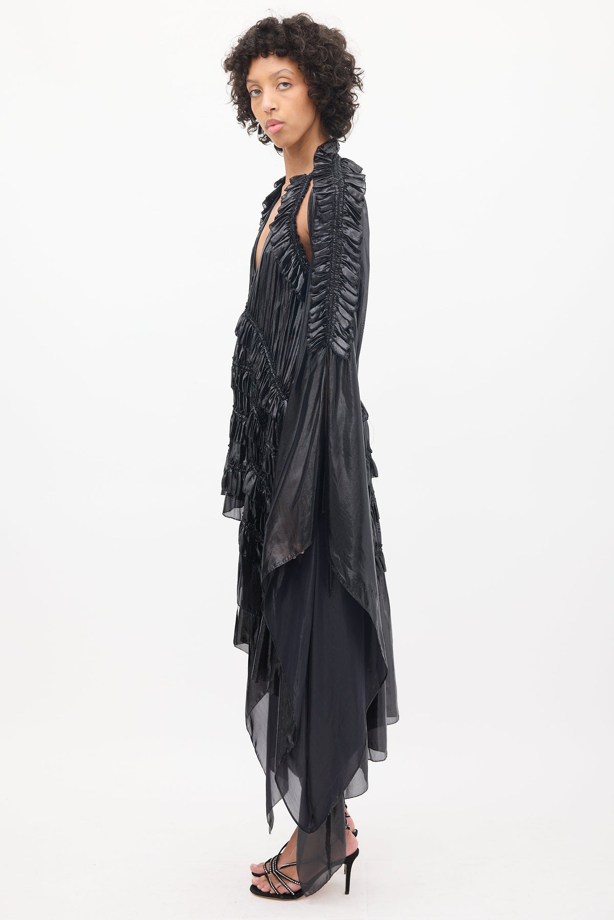 DSquared2 Plissé Ruffled Asymmetrical Liquid Metallic Cape Dress - S