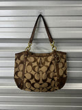 Vintage Coach Signature C Khaki/Brown Canvas & Leather Chain Tote Shoulder Bag