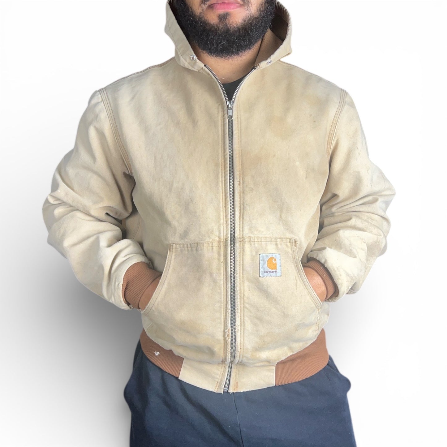 Carhartt Faded & Distressed Beige Hooded Work Jacket - L