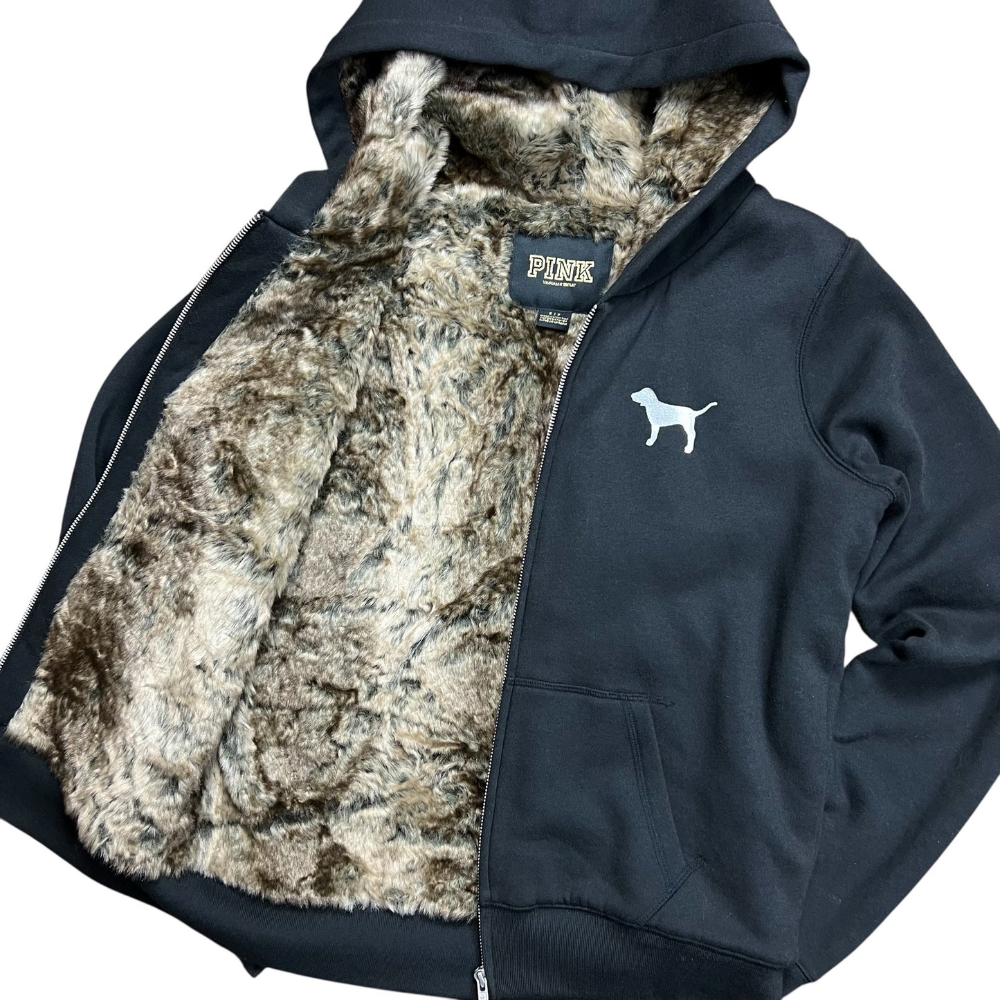 Victoria's Secret PINK Sequin Graphic Fur Lined Zip-Up Hoodie - S