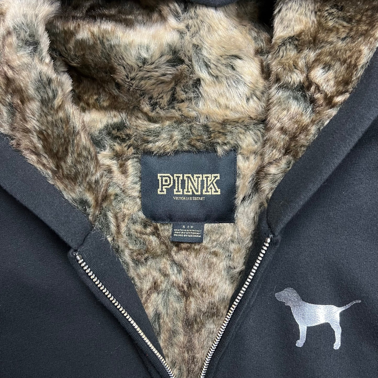 Victoria's Secret PINK Sequin Graphic Fur Lined Zip-Up Hoodie - S