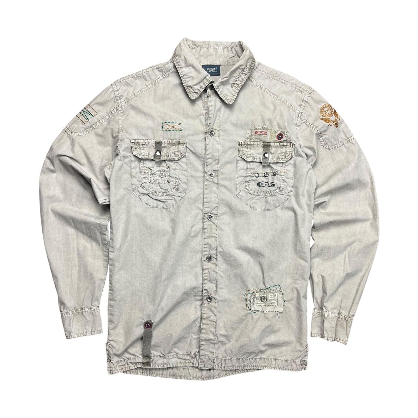 G-STAR Distressed Tan Military Button-up Shirt - M