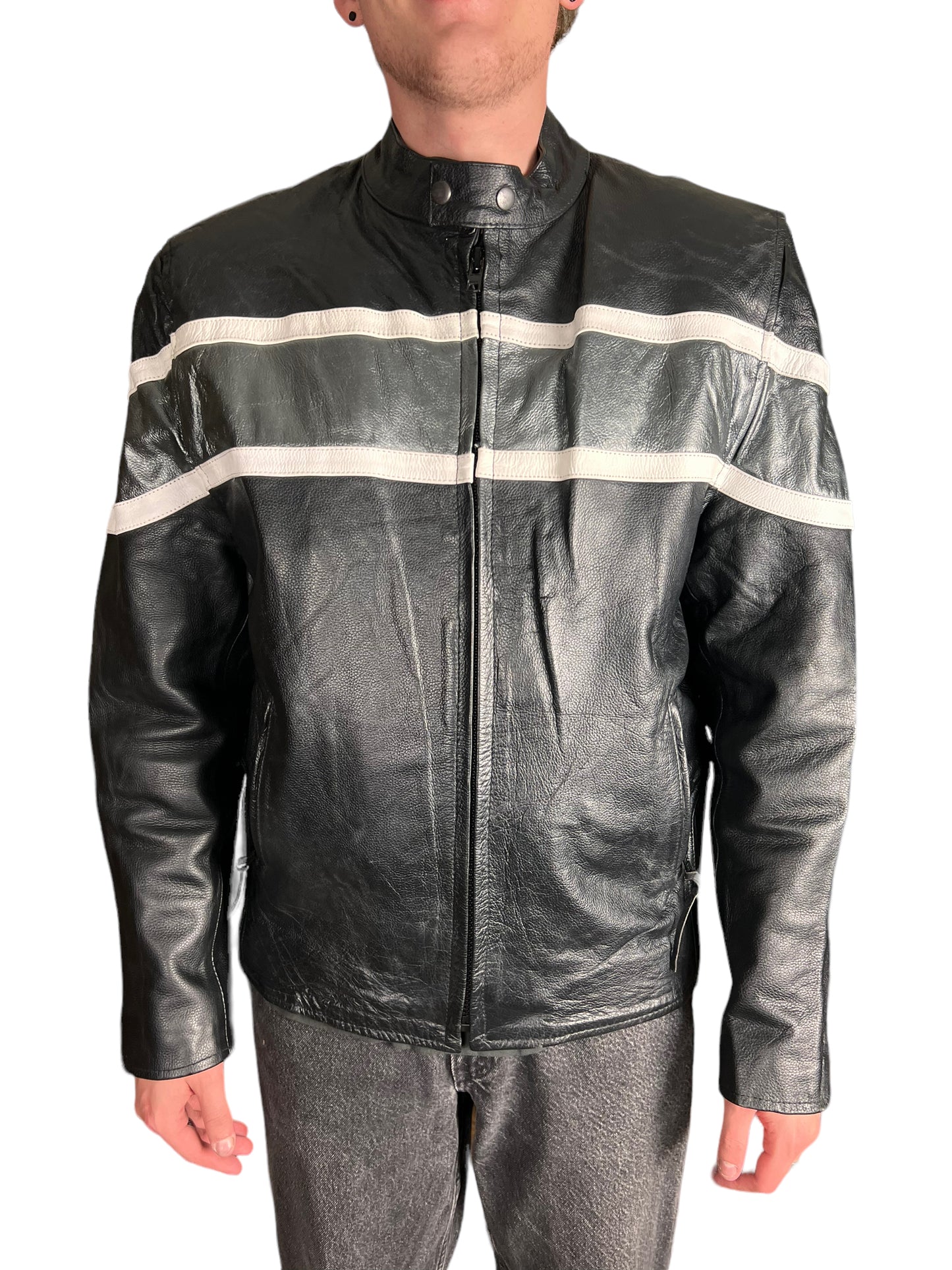 Grey & Black Leather Biker Jacket - XL