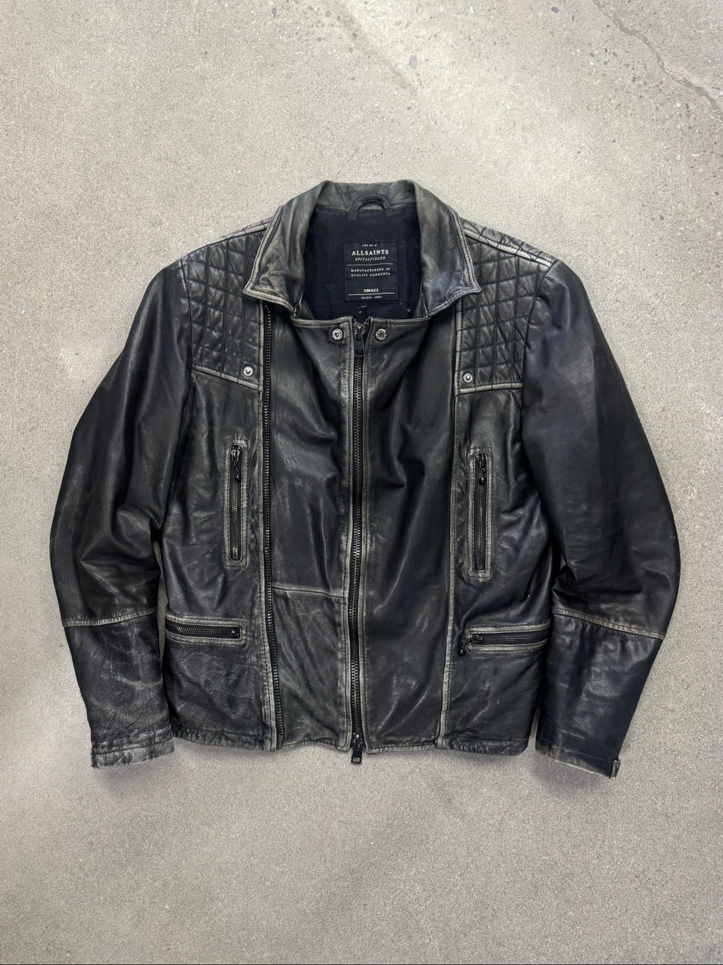 AllSaints Distressed Cargo Leather Biker Jacket - M