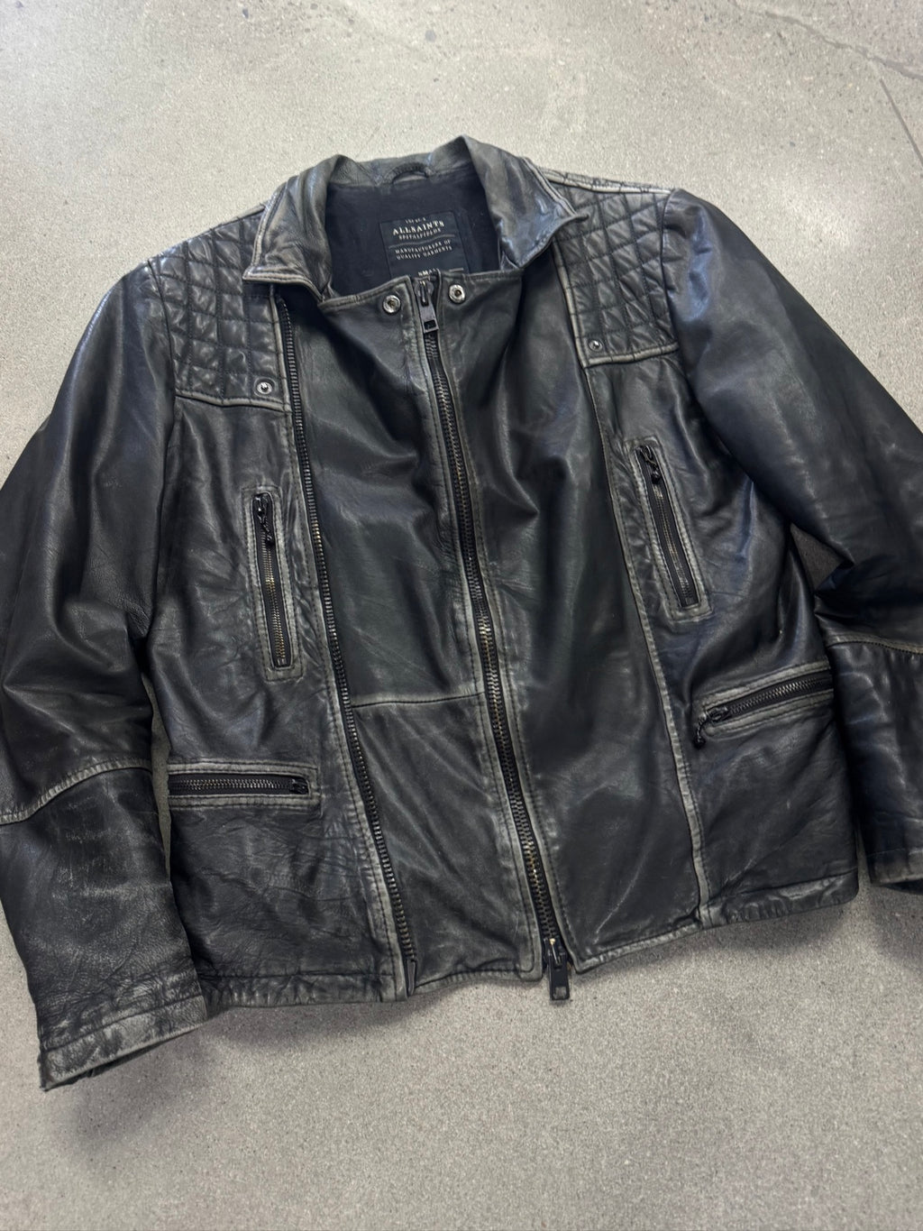 AllSaints Distressed Cargo Leather Biker Jacket - M