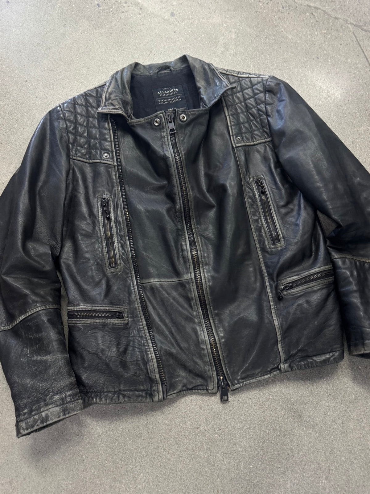 AllSaints Distressed Cargo Leather Biker Jacket - M