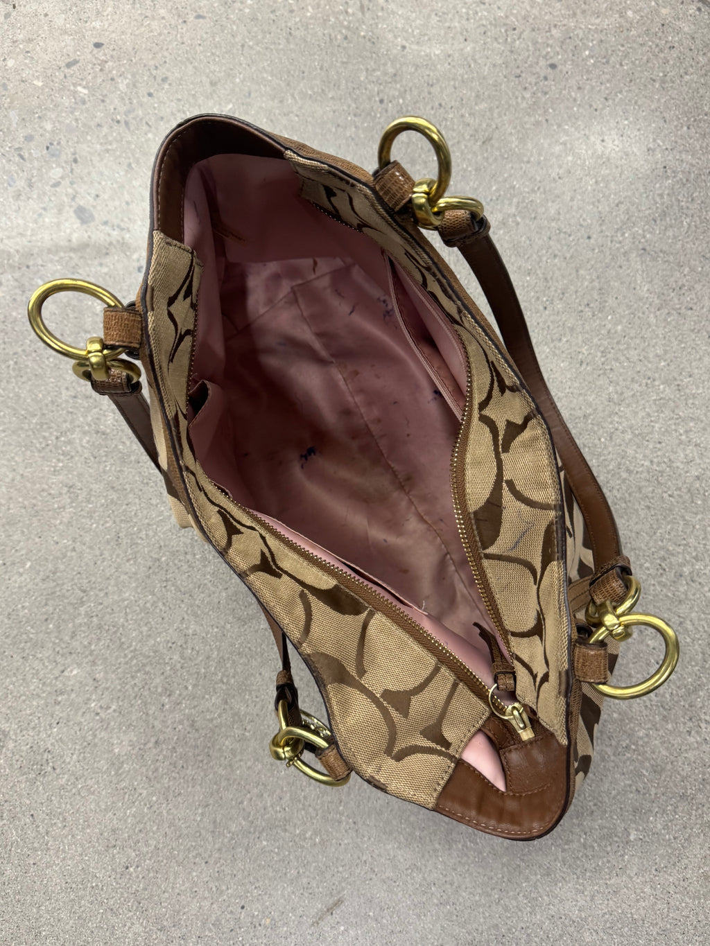 Vintage Coach Signature C Khaki/Brown Canvas & Leather Chain Tote Shoulder Bag