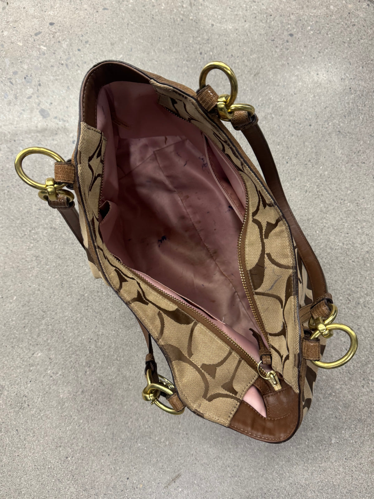 Vintage Coach Signature C Khaki/Brown Canvas & Leather Chain Tote Shoulder Bag