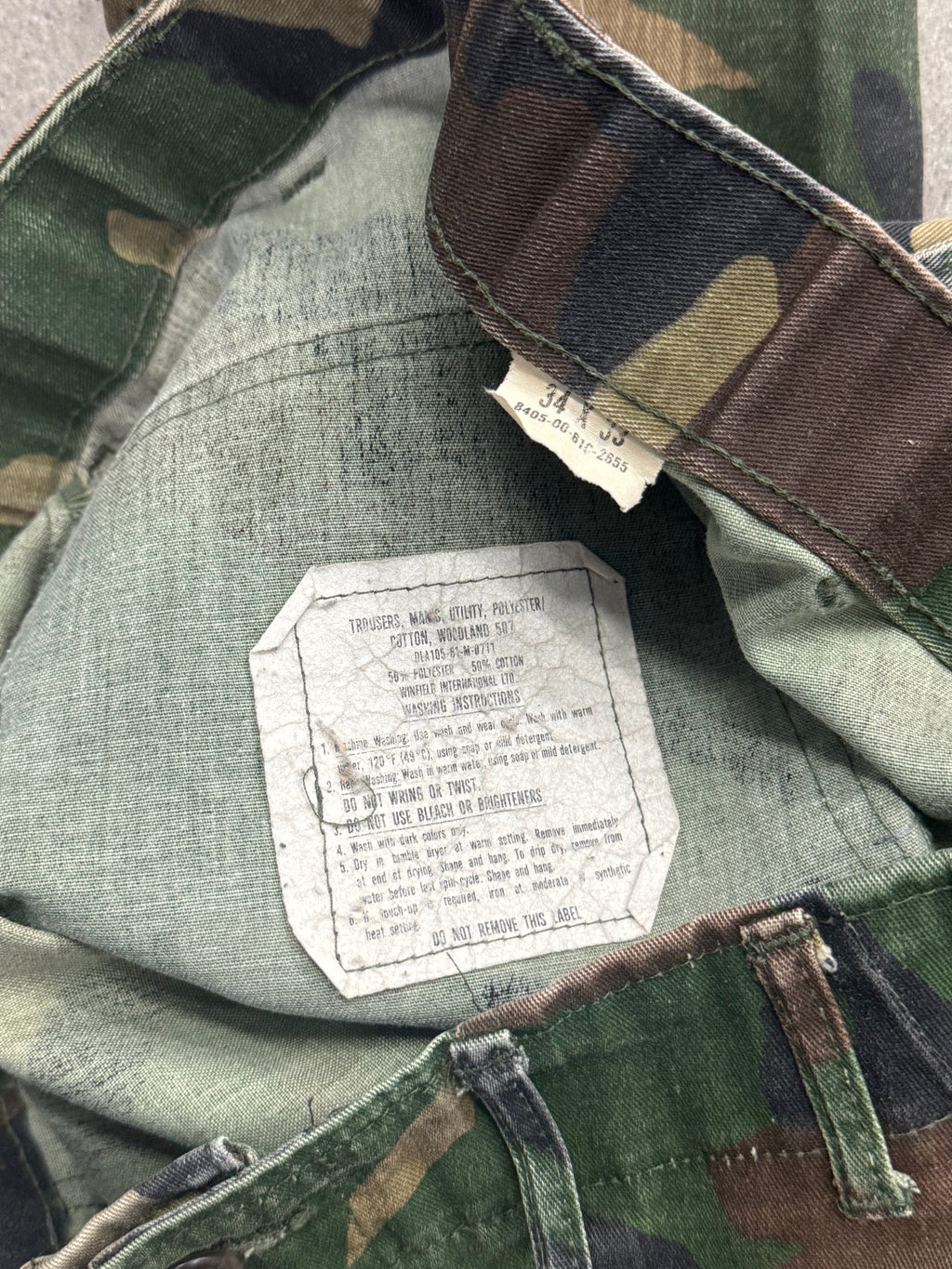 1981 Military Woodland Camo Fatigue Cargo Pants - 34”