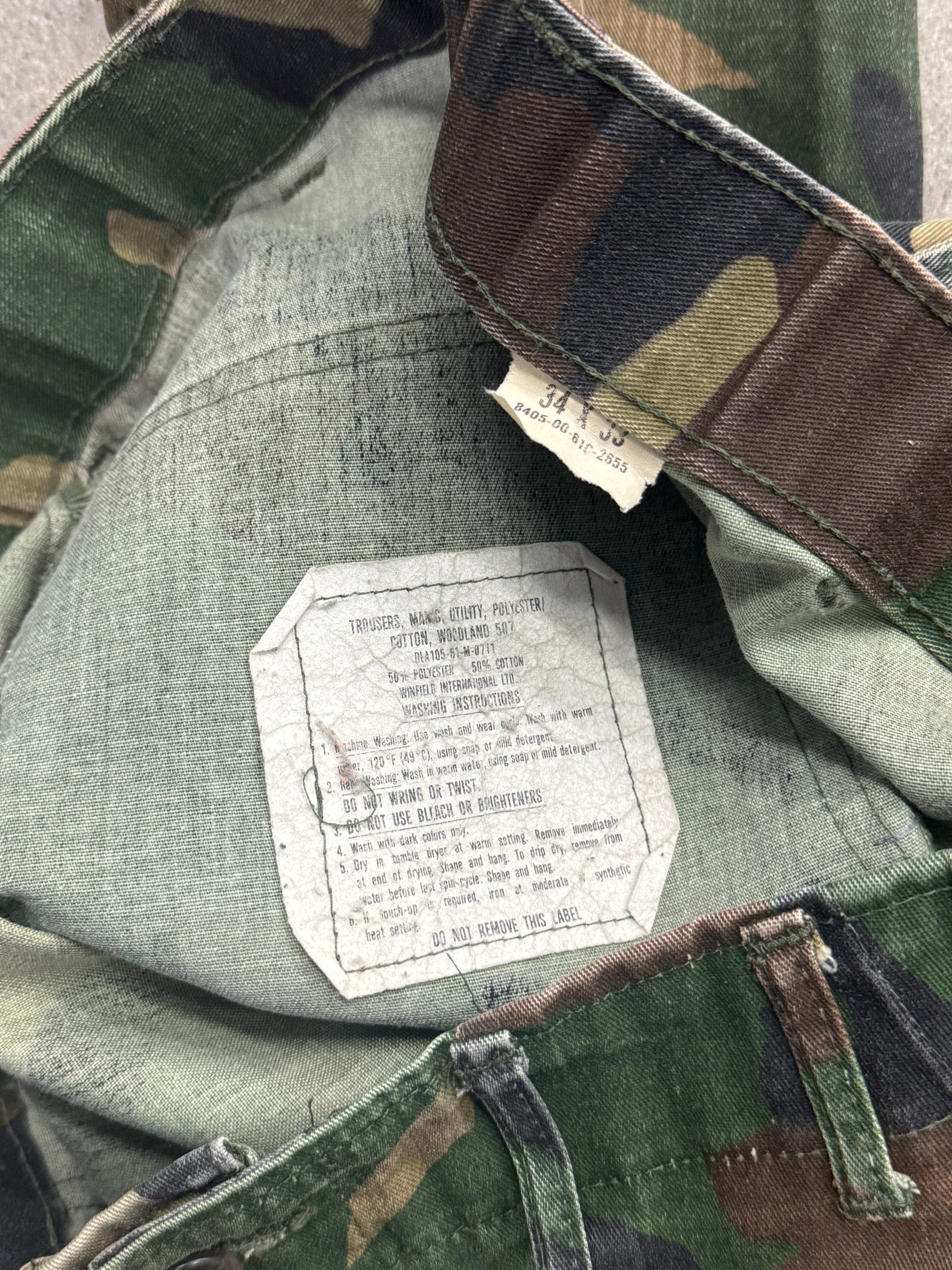 1981 Military Woodland Camo Fatigue Cargo Pants - 34”