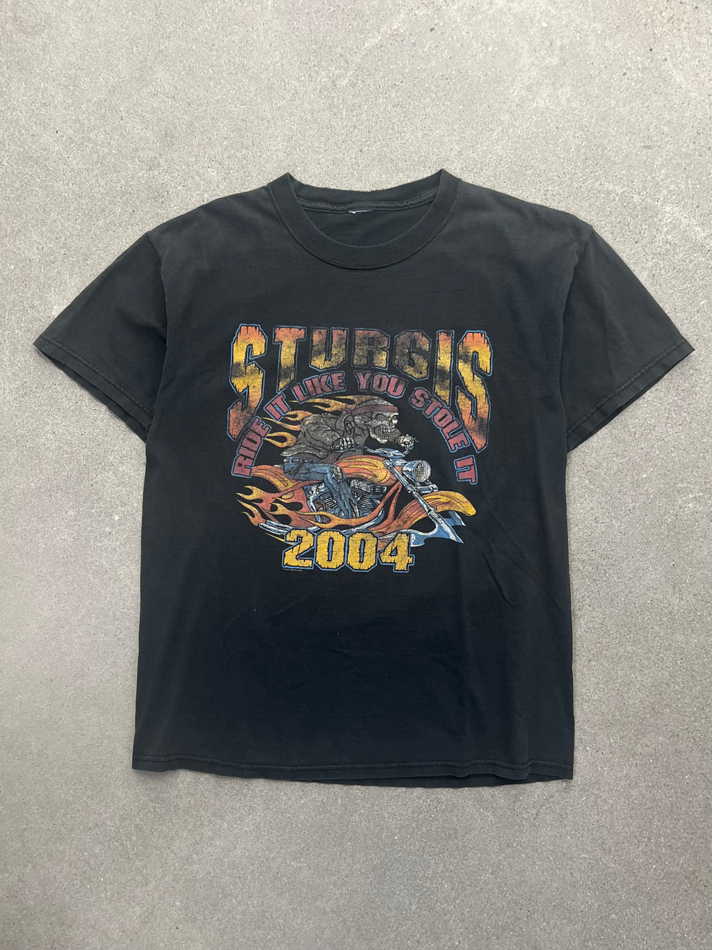 Faded 2004 Sturgis Skeleton Flame Biker T-Shirt - L