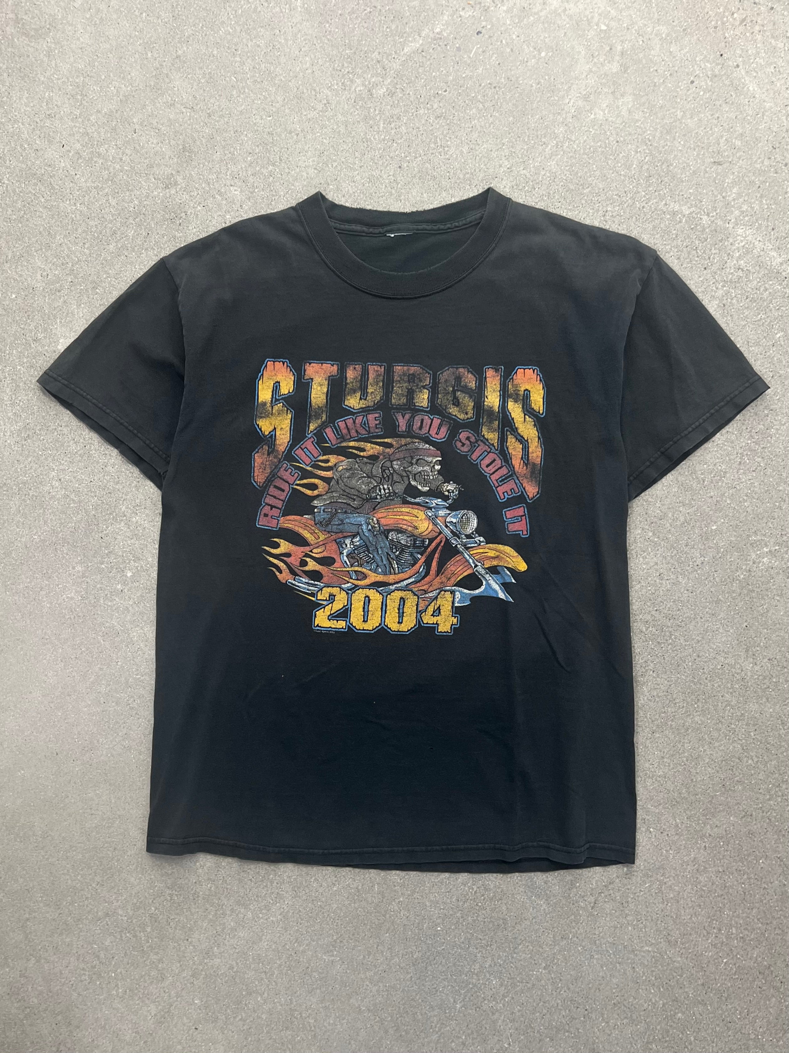 Faded 2004 Sturgis Skeleton Flame Biker T-Shirt - L