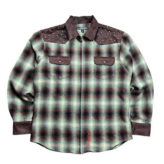 Ed Hardy Studded Bulldog Zip-up Flannel - XL
