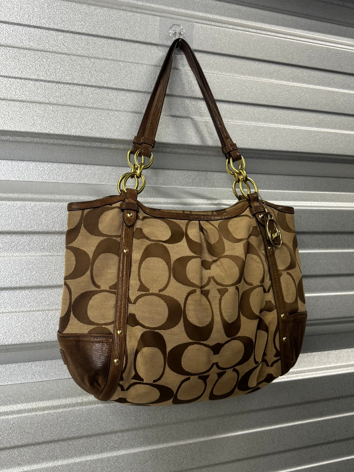 Vintage Coach Signature C Khaki/Brown Canvas & Leather Chain Tote Shoulder Bag