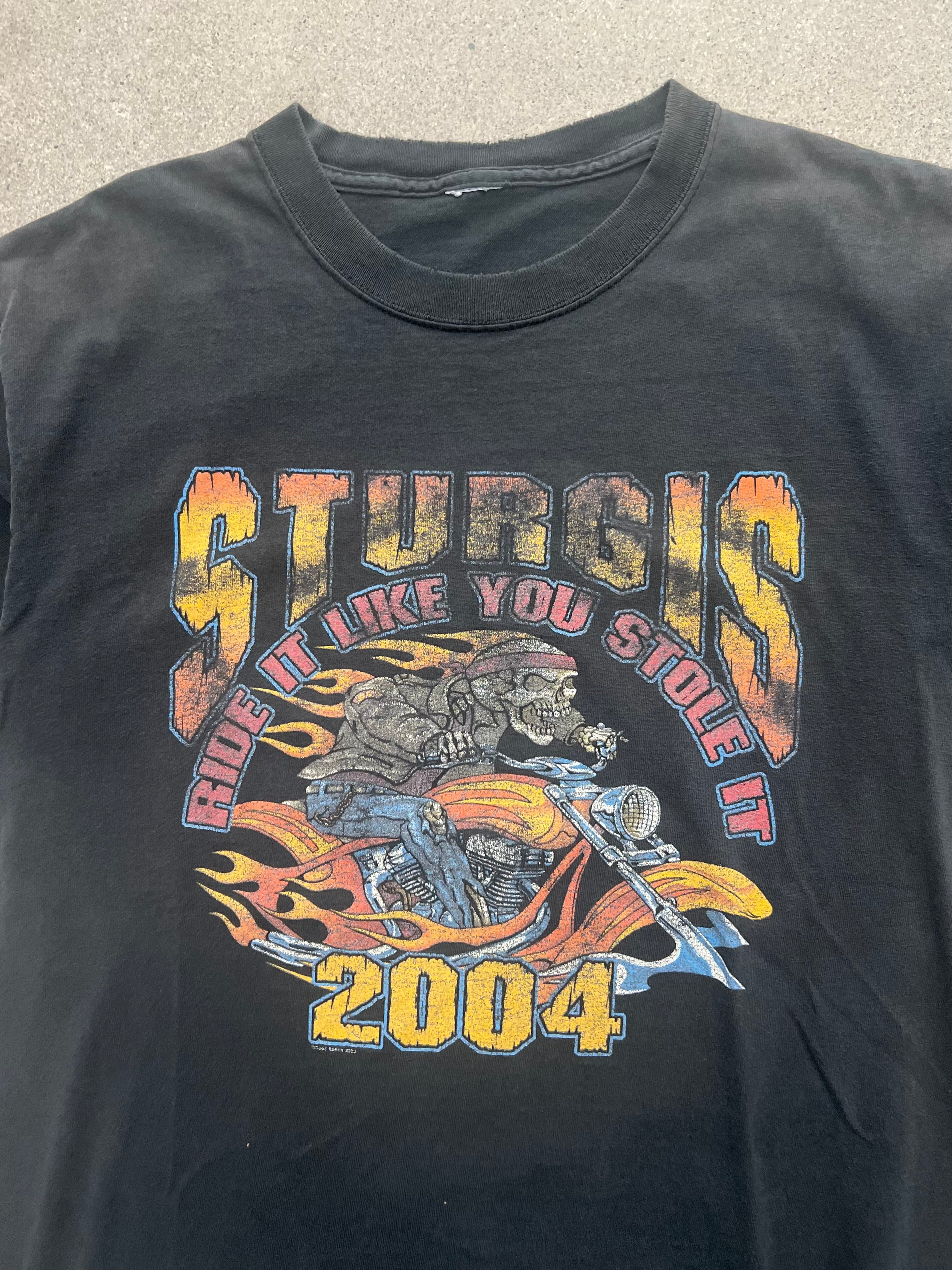 Faded 2004 Sturgis Skeleton Flame Biker T-Shirt - L