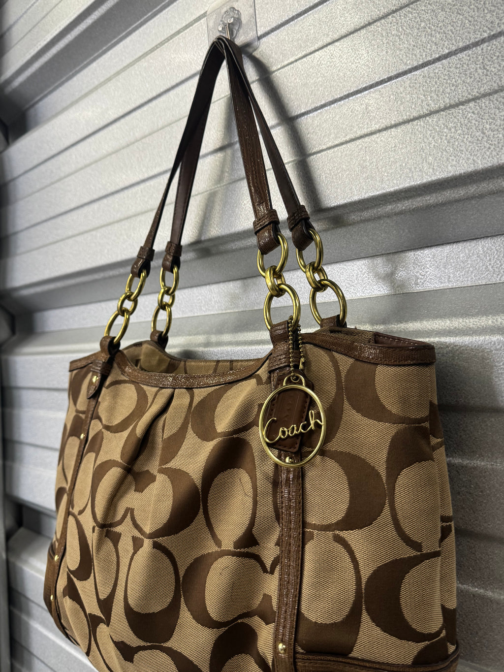 Vintage Coach Signature C Khaki/Brown Canvas & Leather Chain Tote Shoulder Bag