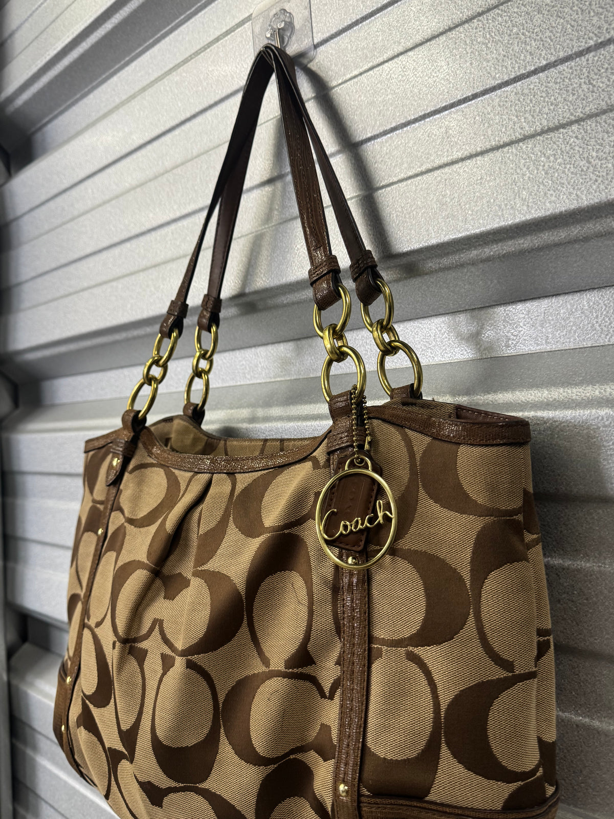 Vintage Coach Signature C Khaki/Brown Canvas & Leather Chain Tote Shoulder Bag