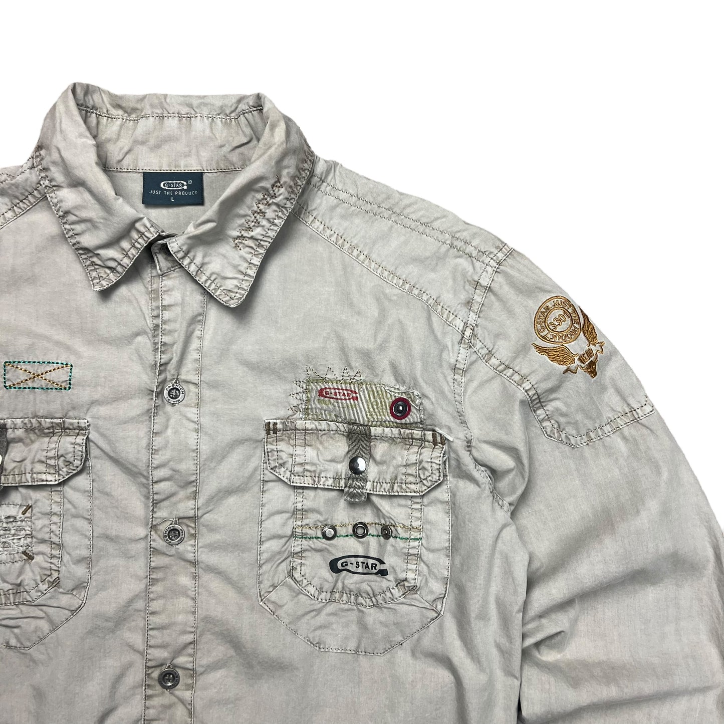 G-STAR Distressed Tan Military Button-up Shirt - M
