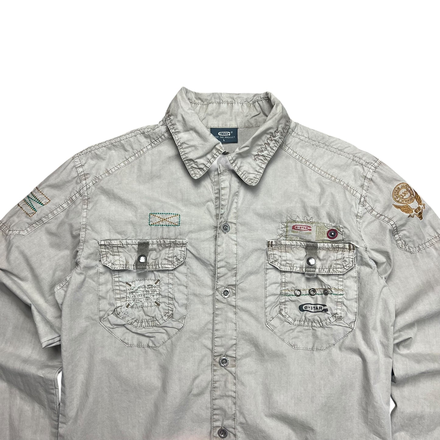 G-STAR Distressed Tan Military Button-up Shirt - M