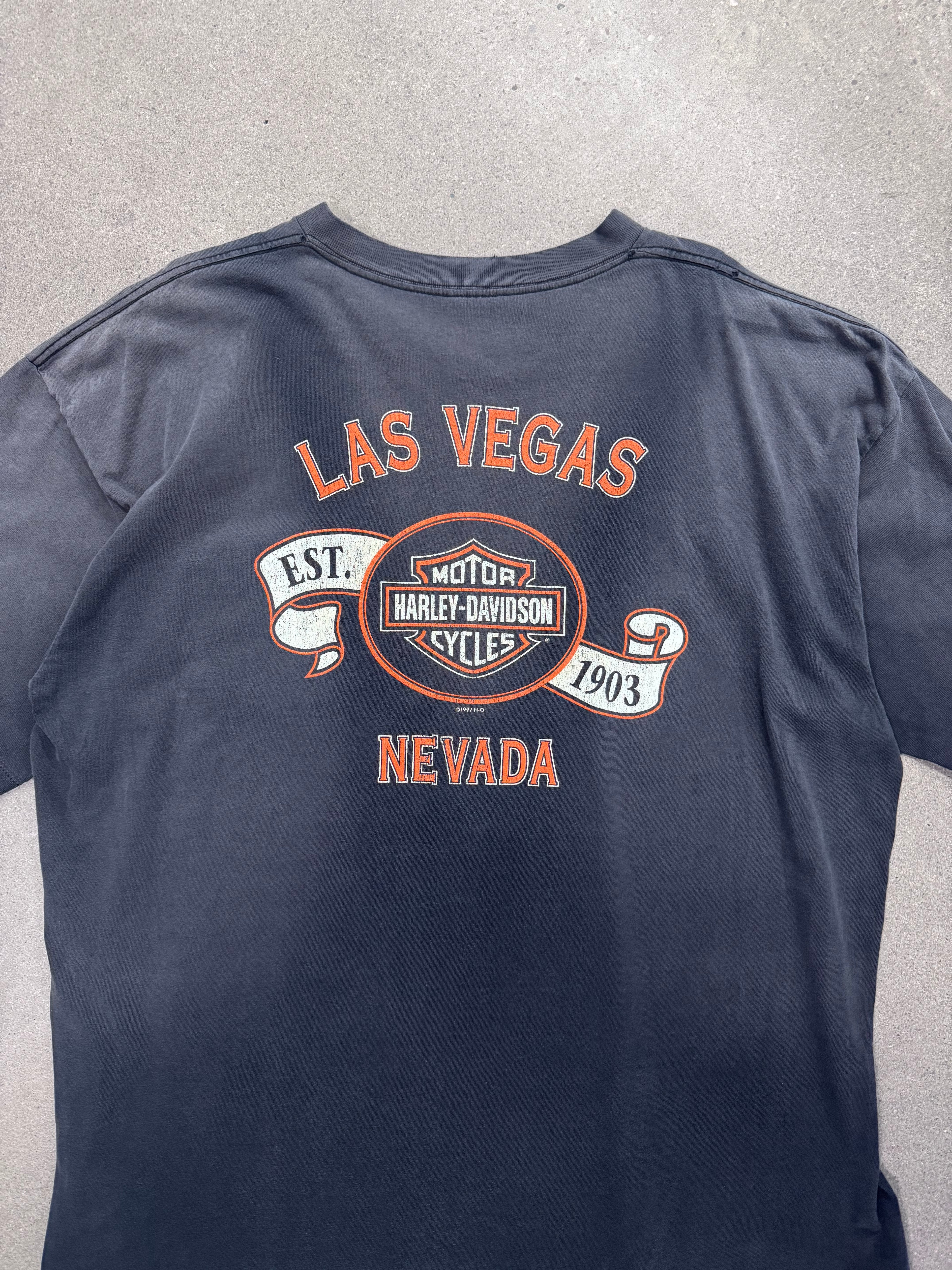 Ausgebleichtes 1995 Harley-Davidson Las Vegas Nevada Pocket T-Shirt – XXL