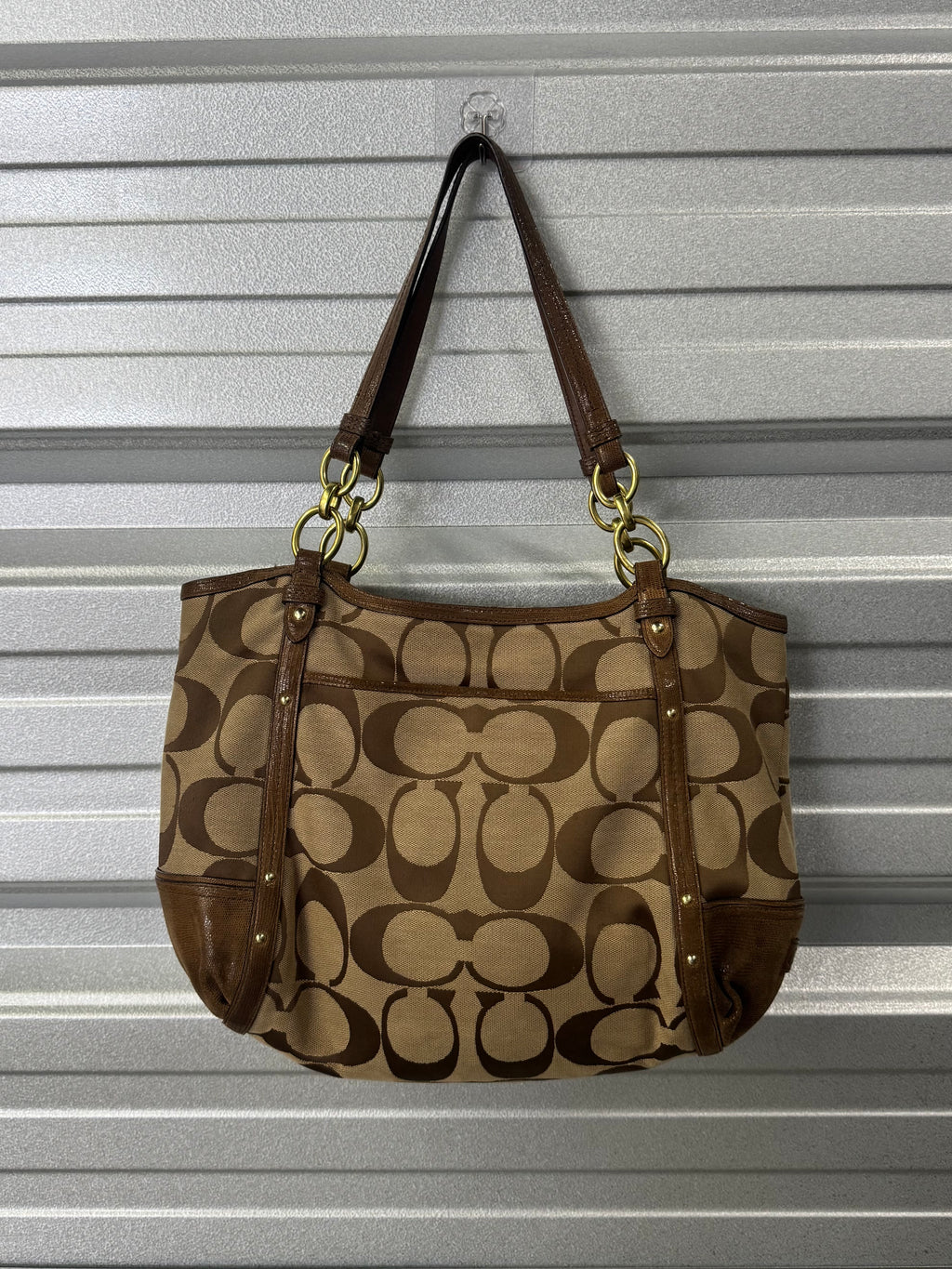 Vintage Coach Signature C Khaki/Brown Canvas & Leather Chain Tote Shoulder Bag