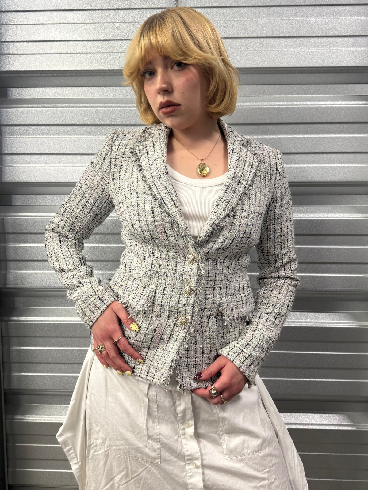 Karl Lagerfeld Bouclé Tweed Fringe Blazer - XS