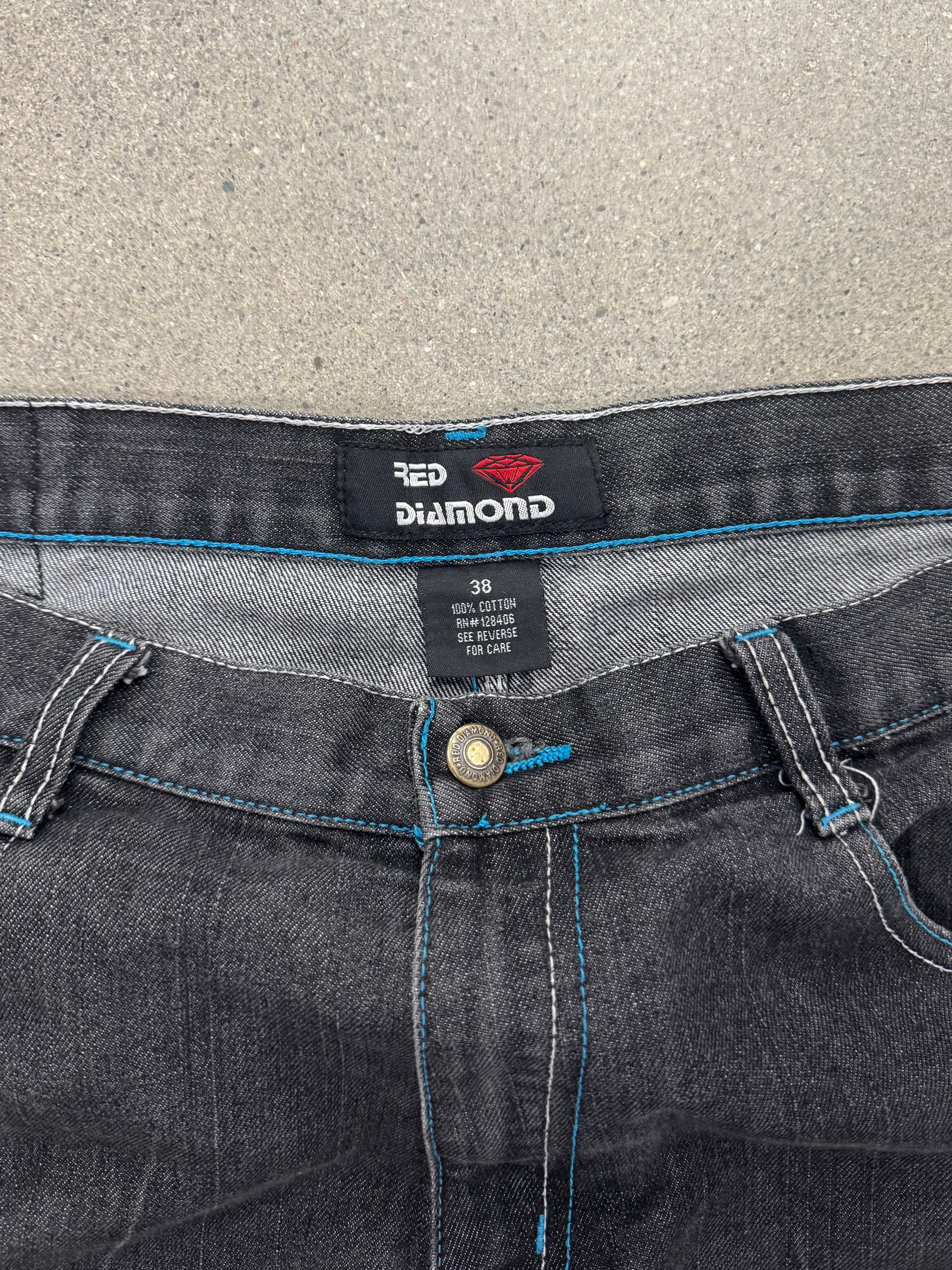 Red Diamond Baggy Contrast Stitch Jean Shorts - 38”