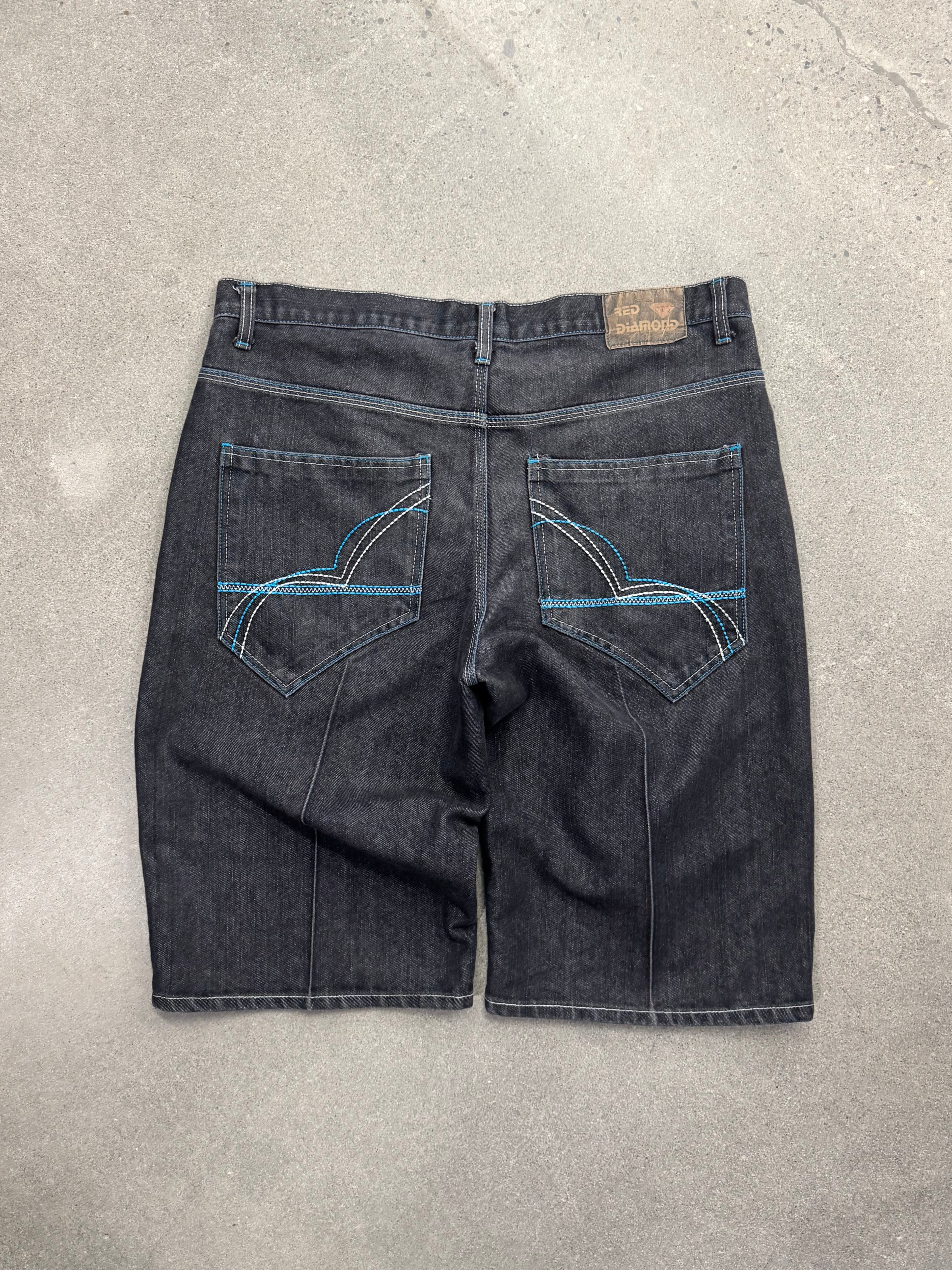Red Diamond Baggy Contrast Stitch Jean Shorts - 38”