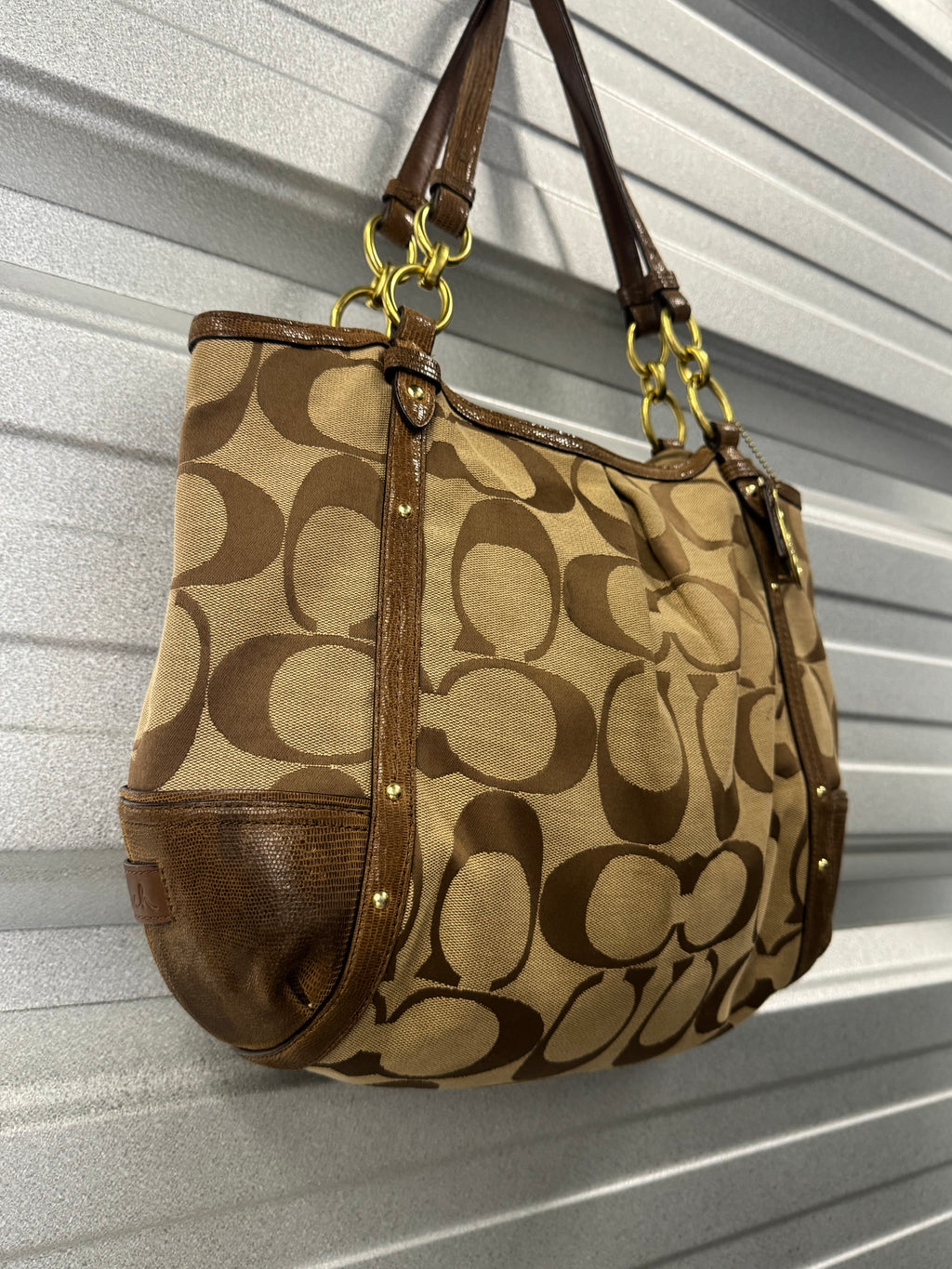 Vintage Coach Signature C Khaki/Brown Canvas & Leather Chain Tote Shoulder Bag
