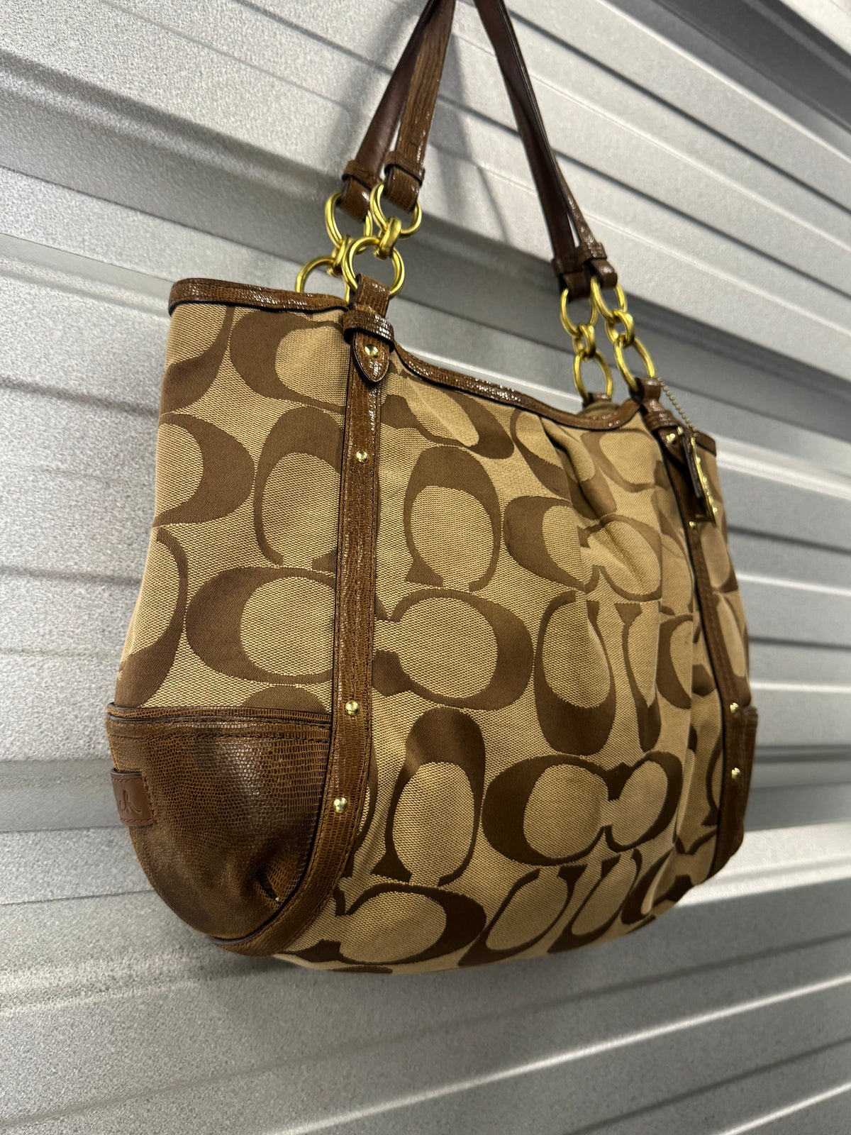Vintage Coach Signature C Khaki/Brown Canvas & Leather Chain Tote Shoulder Bag