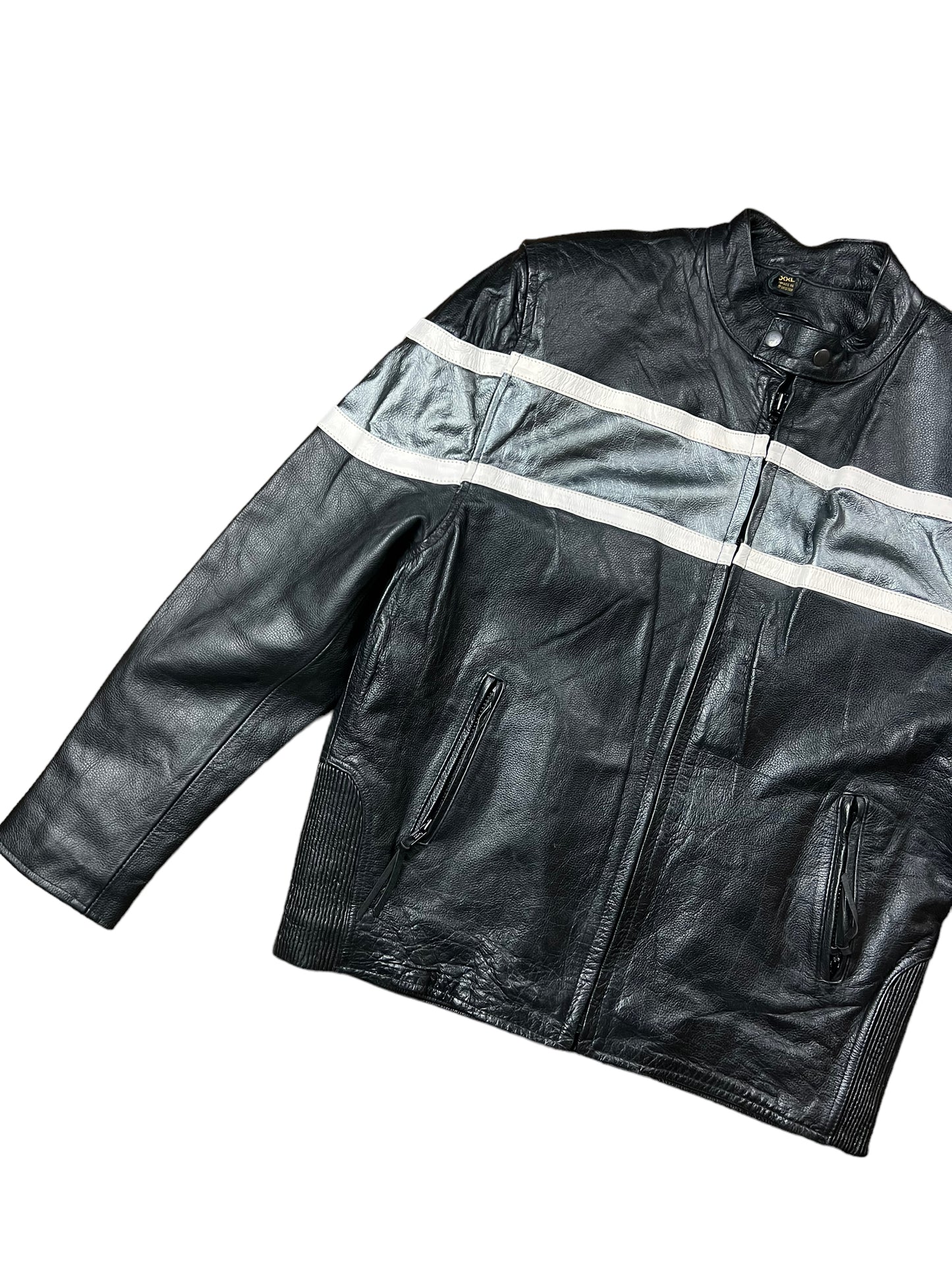 Grey & Black Leather Biker Jacket - XL
