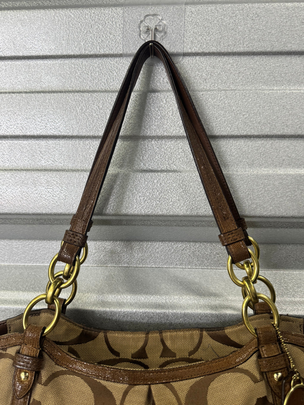 Vintage Coach Signature C Khaki/Brown Canvas & Leather Chain Tote Shoulder Bag