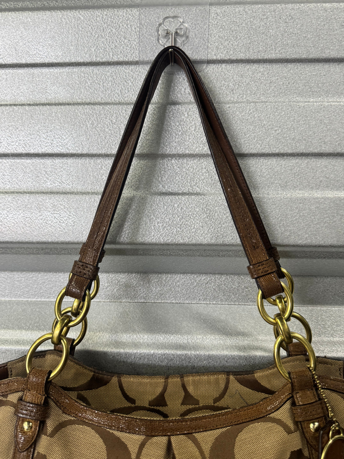Vintage Coach Signature C Khaki/Brown Canvas & Leather Chain Tote Shoulder Bag