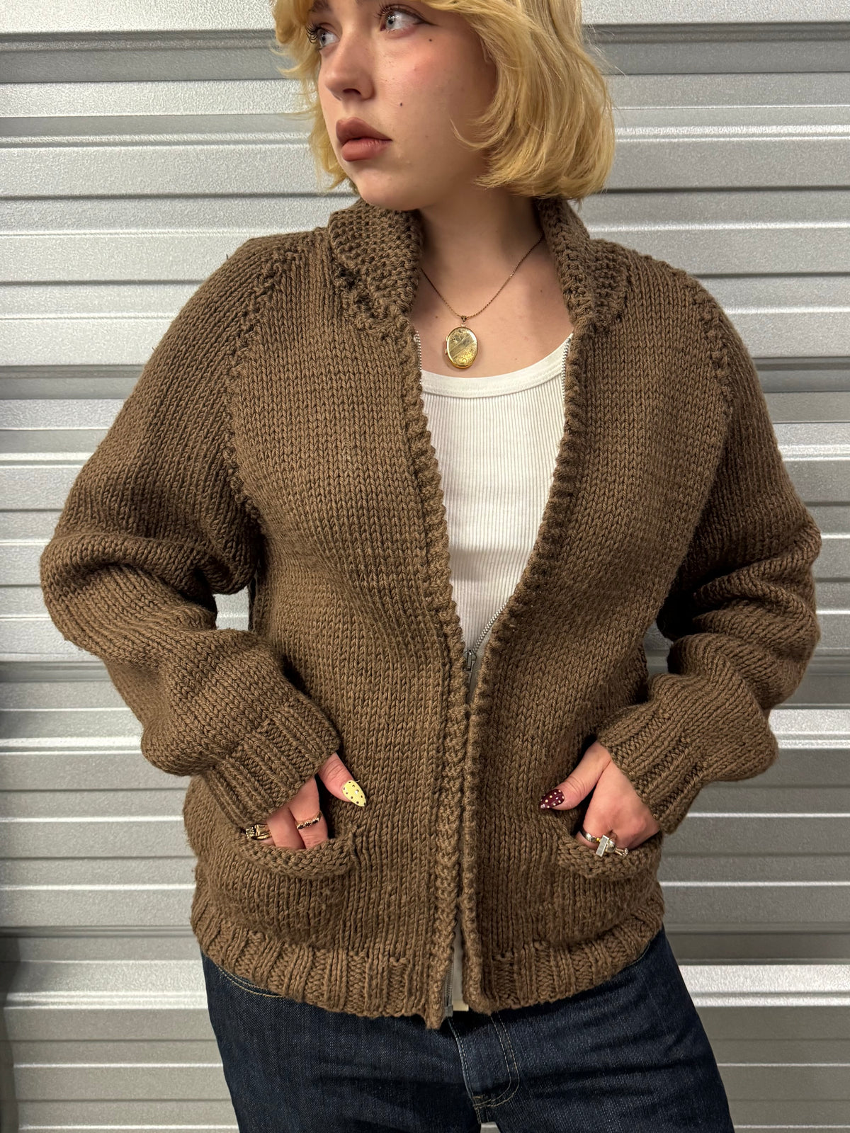 Cowichan Shawl-Collar Knit Cardigan Sweater - M