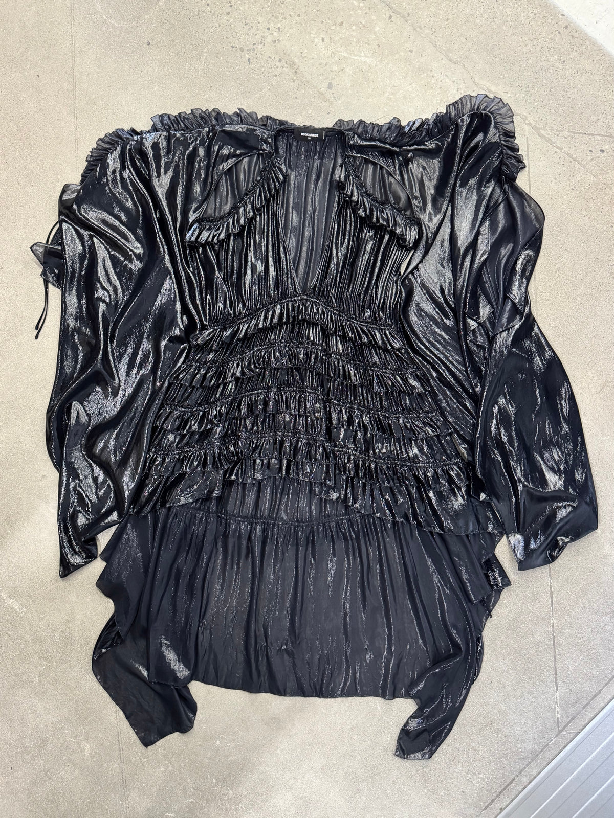 DSquared2 Plissé Ruffled Asymmetrical Liquid Metallic Cape Dress - S