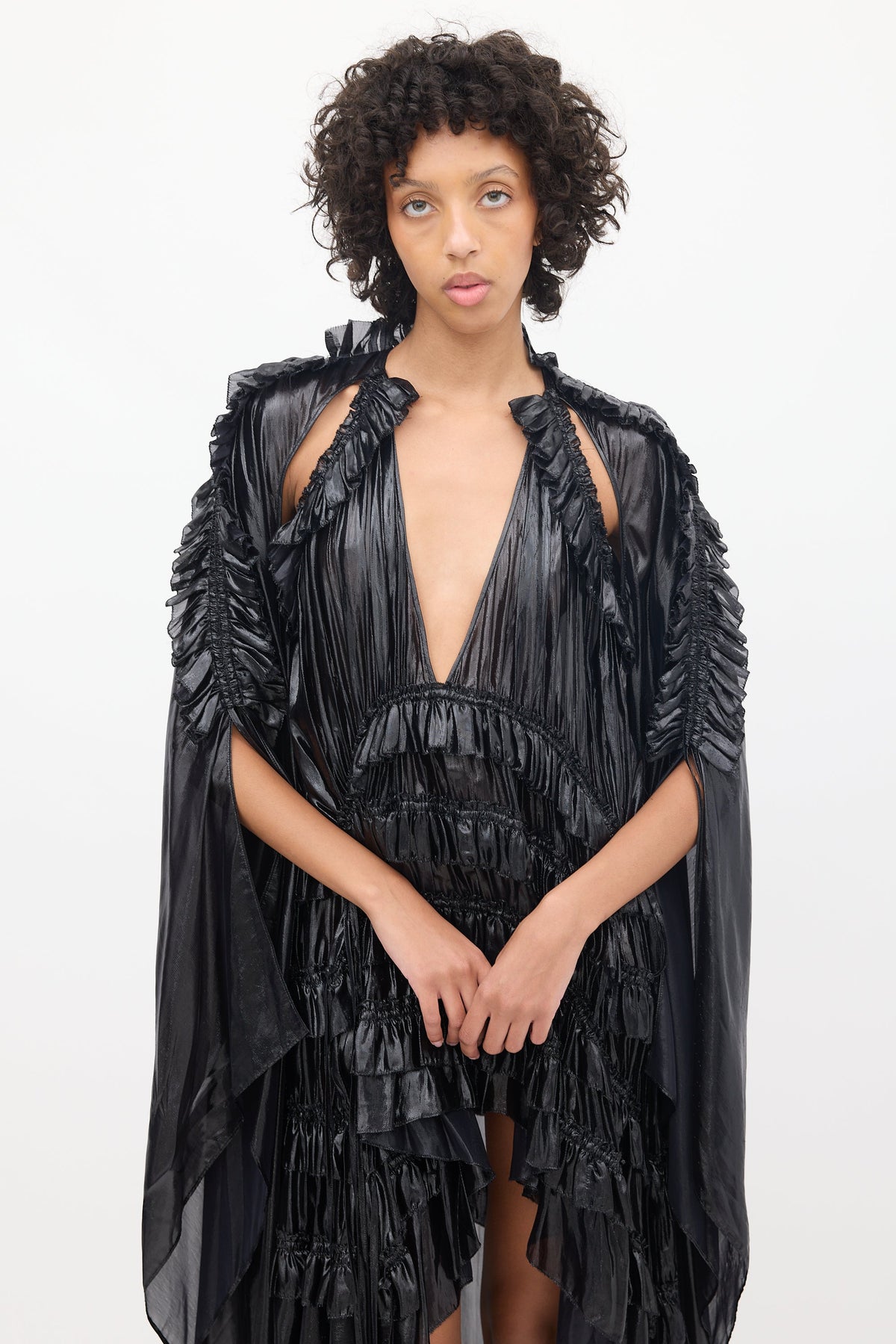 DSquared2 Plissé Ruffled Asymmetrical Liquid Metallic Cape Dress - S