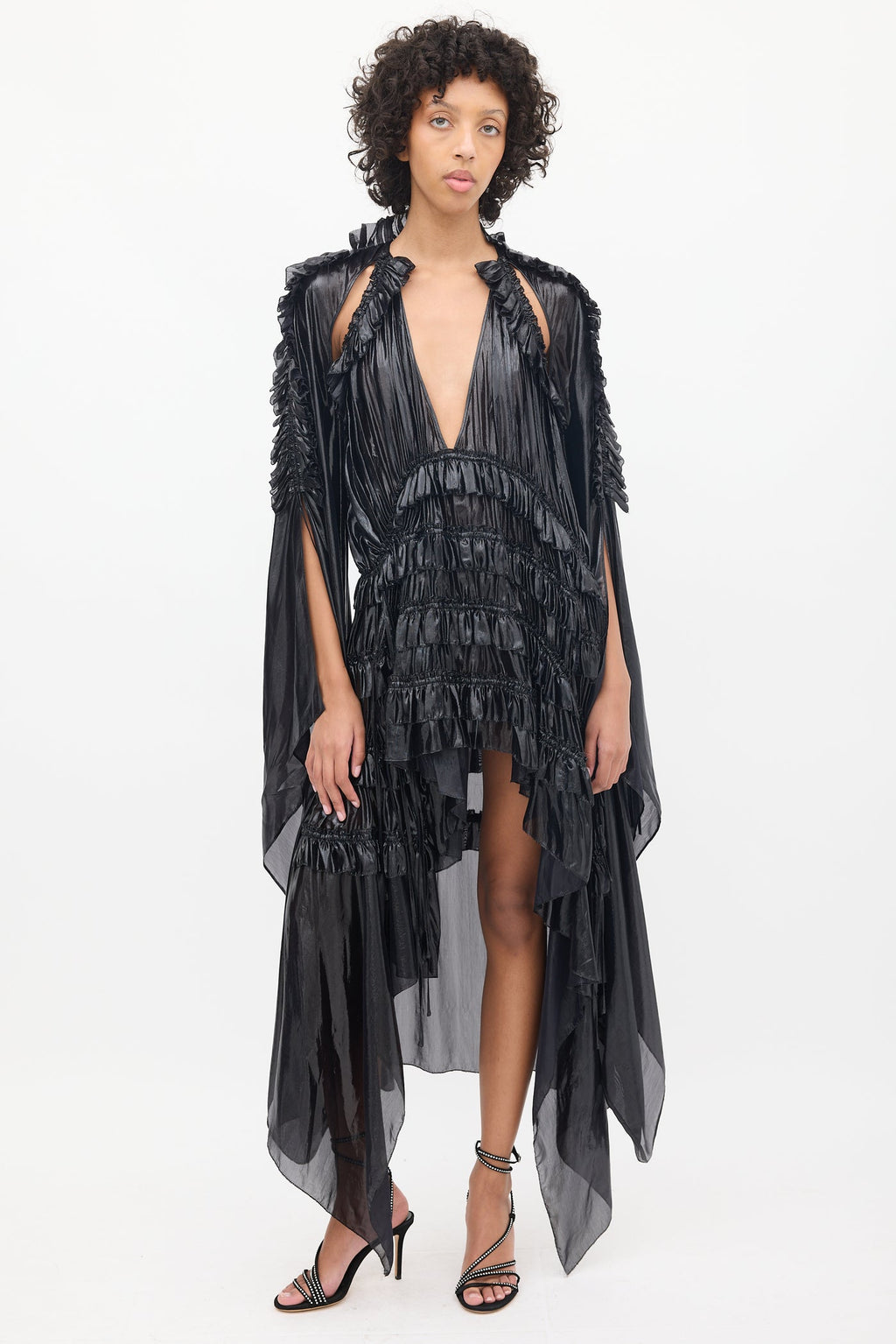 DSquared2 Plissé Ruffled Asymmetrical Liquid Metallic Cape Dress - S