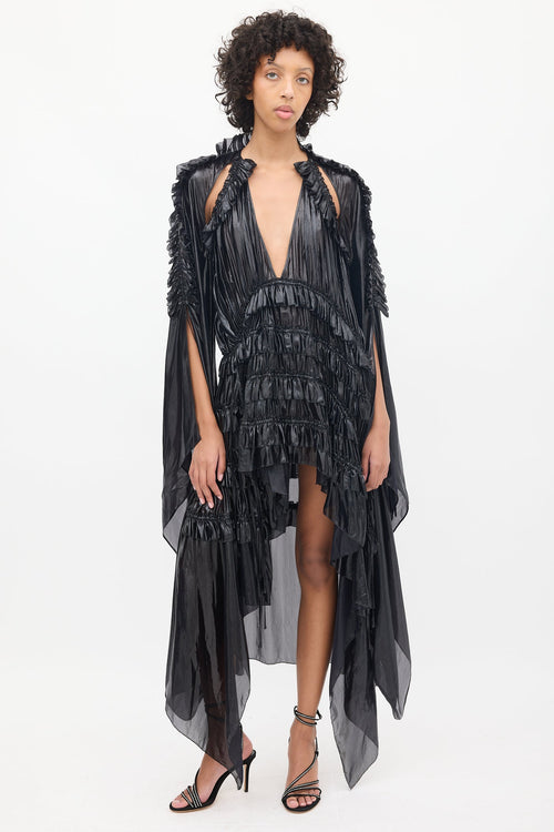 DSquared2 Plissé Ruffled Asymmetrical Liquid Metallic Cape Dress - S