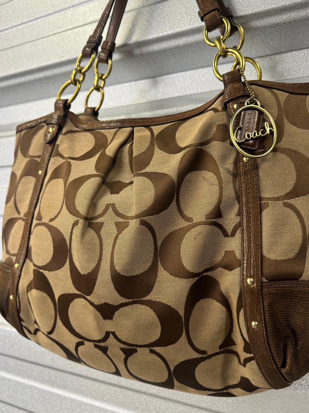 Vintage Coach Signature C Khaki/Brown Canvas & Leather Chain Tote Shoulder Bag