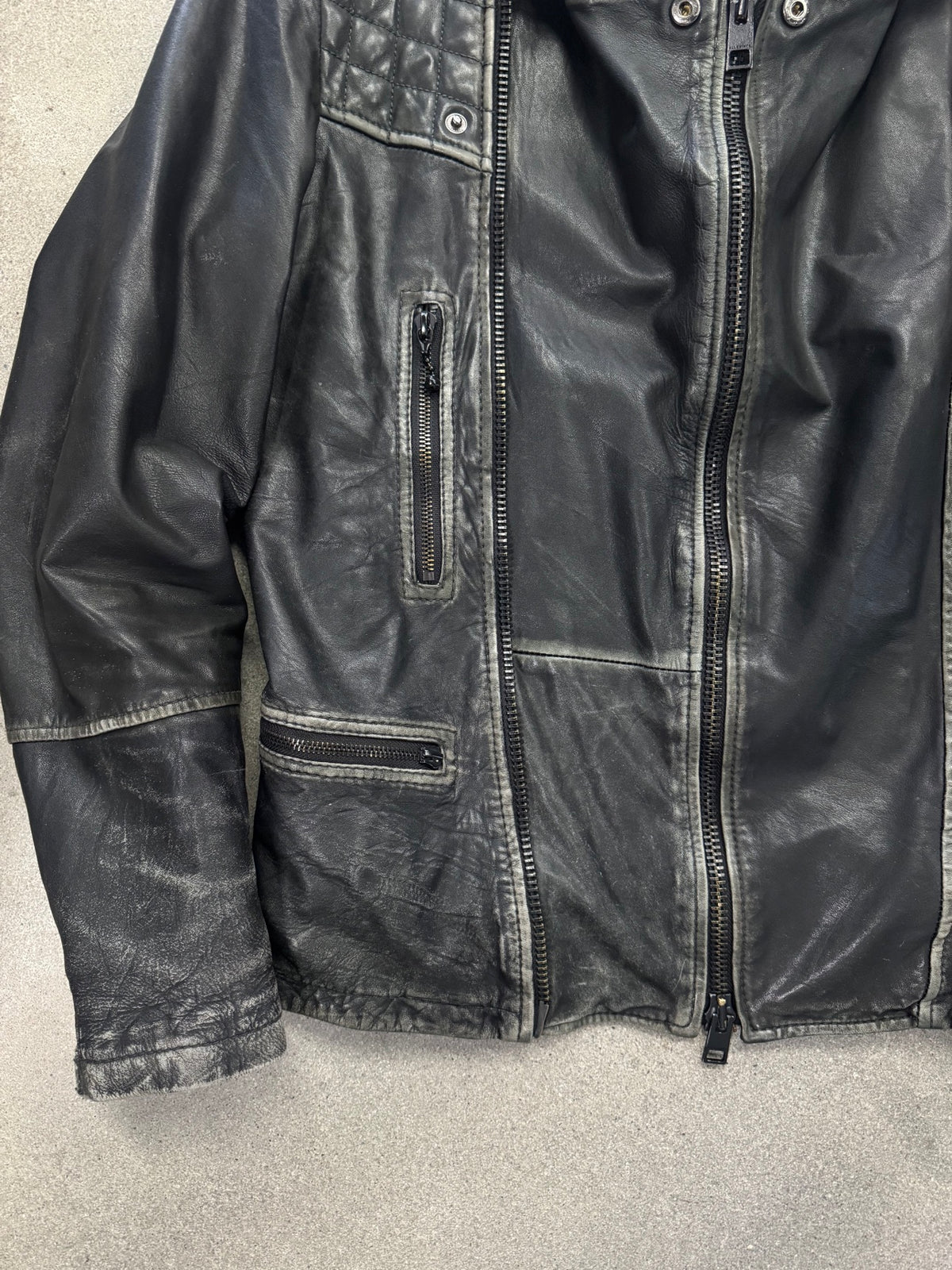 AllSaints Distressed Cargo Leather Biker Jacket - M